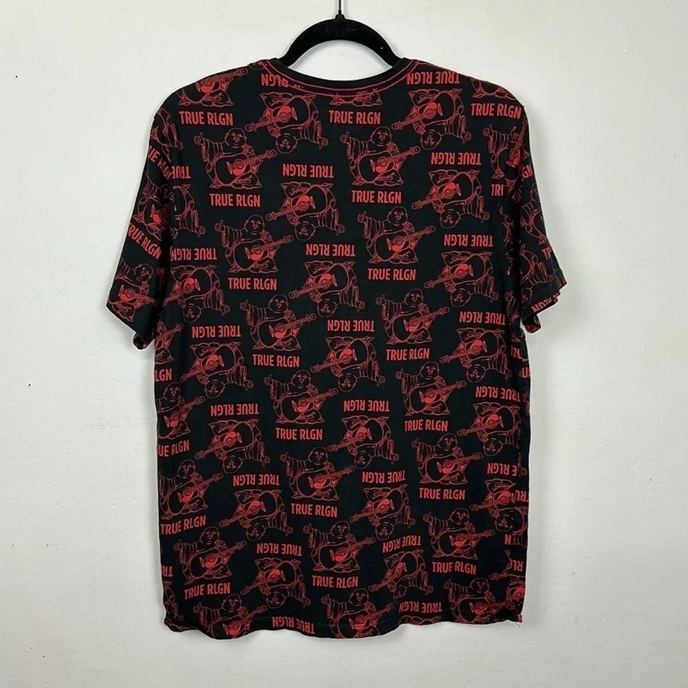 True Religion Buddha Mono Crew Neck Cotton T-shirt in Black/red Sz M